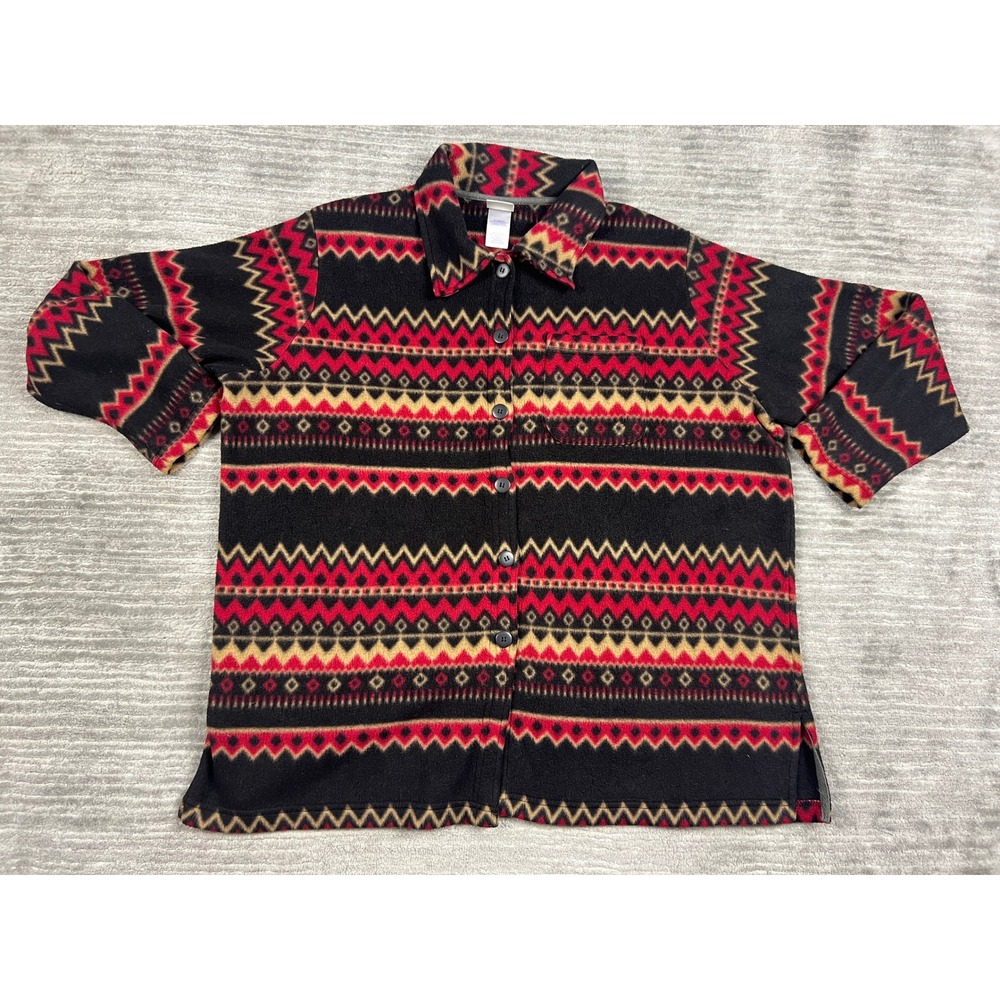 Just My Size Fleece Shirt Womens 22W/24W Black Red Southwestern Button Up Pocket